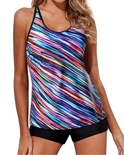 Athletic Tankini Swimsuits For Women Tummy Control And Boy Shorts-Color Oblique Stripe Classic Women's Pin - striped