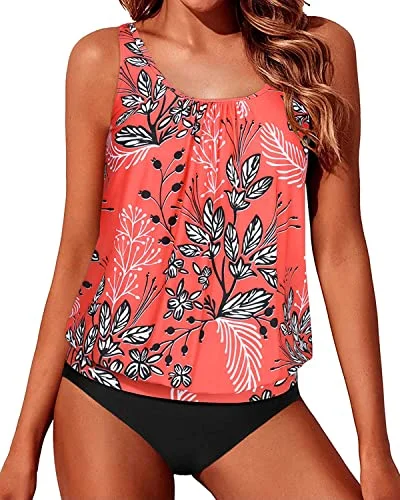 Tankini Swimsuits Push Up Bra Cups Blouson Bathing Suits For Women-Red Floral Sporty Women's Athleisure 