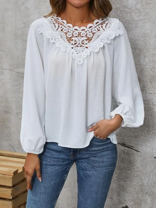 Lace Detail Balloon Sleeve Blouse Trendy Women's 