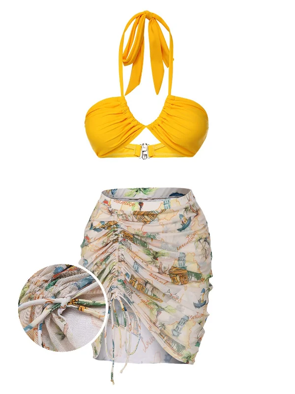 2PCS Yellow 1970s Retro Architectural Pattern Swimsuit & Cover-Up Country