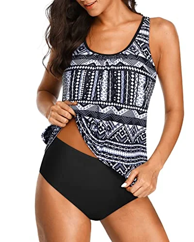 Two Piece Blouson Tankini Swimsuits Tummy Control For Women-Black Tribal Relaxed Women's 