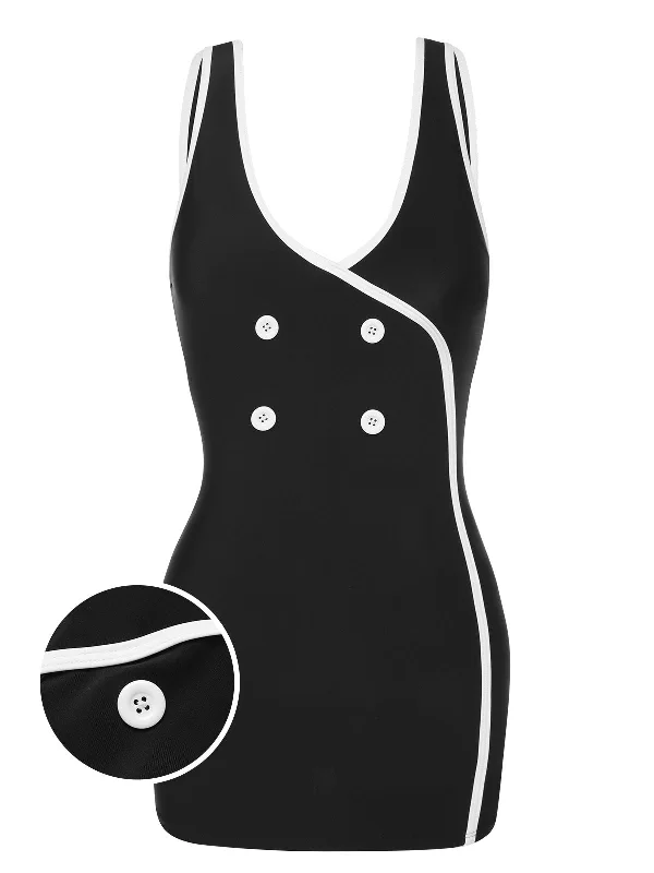 Black & White 1960s Solid Contrast Binding Swimsuit Monochromatic All - in - one