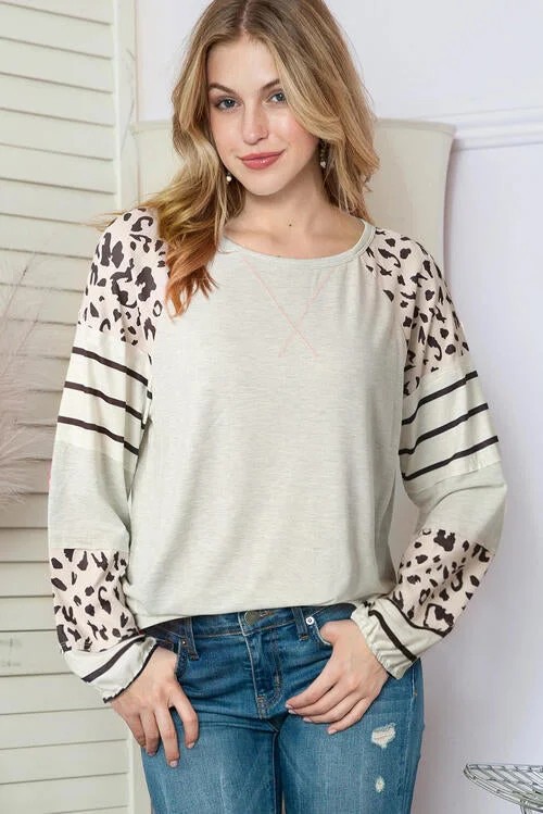 Leopard Round Neck Long Sleeve Top Youthful Women's Pop