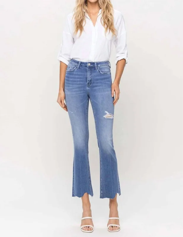Scalloped Hem High Rise Kick Crop Flare Jeans In Light Wash Sporty Women's Tennis