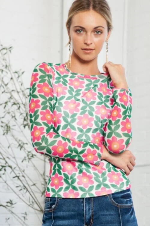 Floral Round Neck Long Sleeve Top Laid - back Women's Vibe