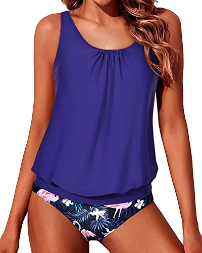 Modest Two Piece Blouson Tankini Swimsuits For Women-Blue Flamingo Country