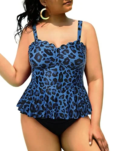 Ruffle Hem Tankini Top High Waisted Bottom Plus Size Tankini Swimsuits-Blue Lepoard Tough Women's Military - inspired