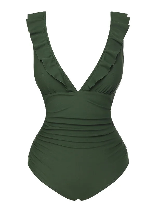 Army Green 1950s Solid Ruffles V-Neck Swimsuit purpose