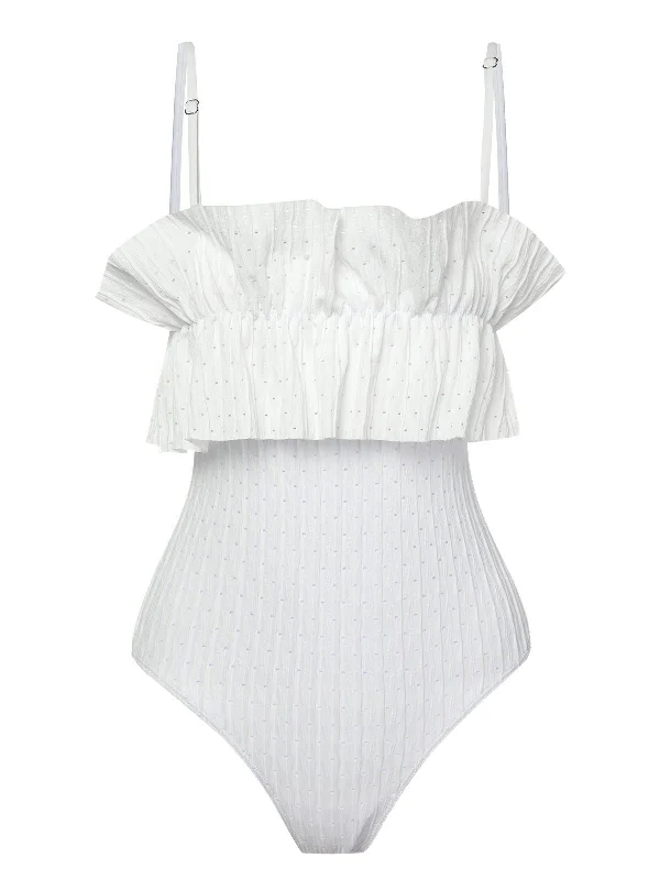 White 1970s Solid Ruffles Bandeau Swimsuit Streetwear Style for 