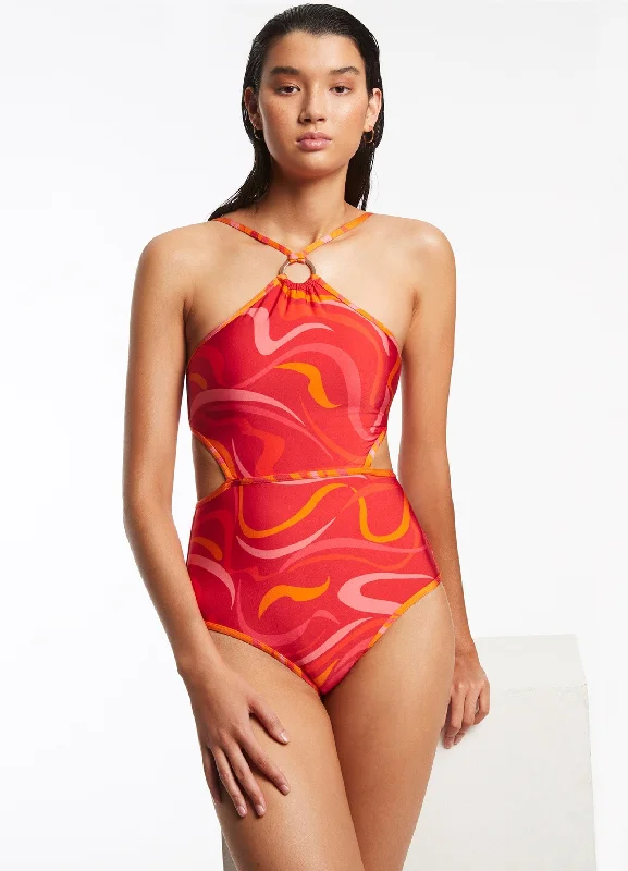 Vortici High Neck Trim One Piece - Cherry British Gentlewoman Style