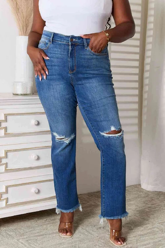 Judy Blue Full Size Distressed Raw Hem Jeans Minimalist Women's Casual