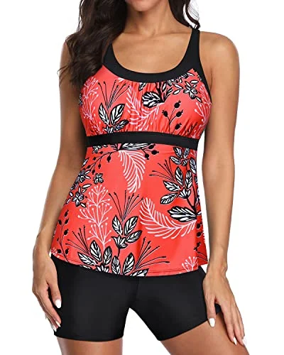 U Neck Swim Tank Top Tummy Control And Boyshorts Modest Swimwear-Red Floral Feminine Women's Style 