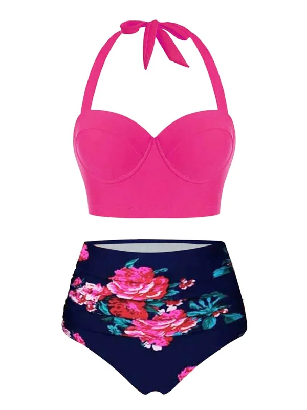 Rose Red 1950s Halter Flowers Bikini Set Athletic Women's 