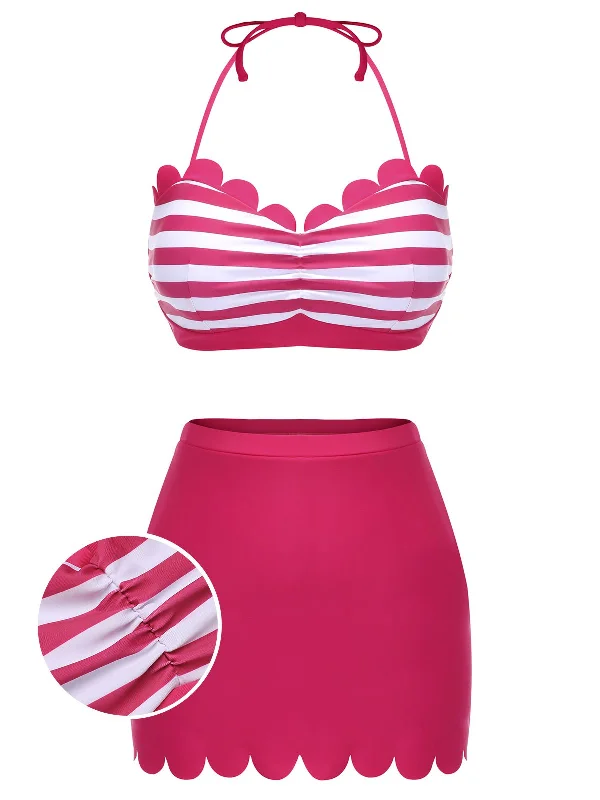 Rose Pink 1960s Stripes Halter Bikini Set Unique Women's Upcycled