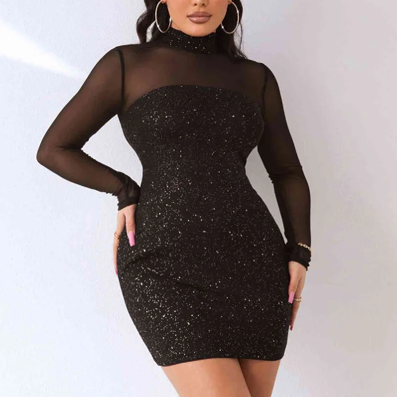 Sequin Mock Neck Mesh Dress Minimalist Women's Casual
