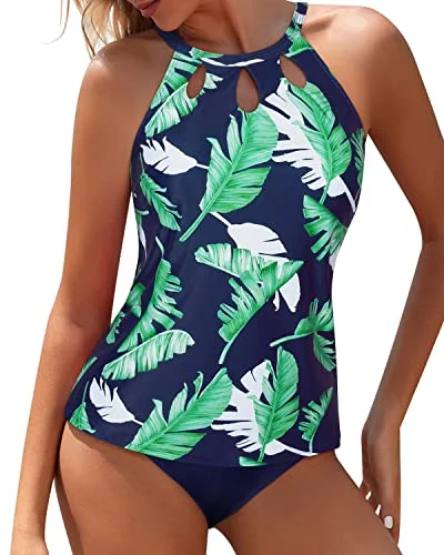 Two Piece Backless High Neck Tankini Swimsuits For Women-Blue Leaf Minimalist Women's Casual