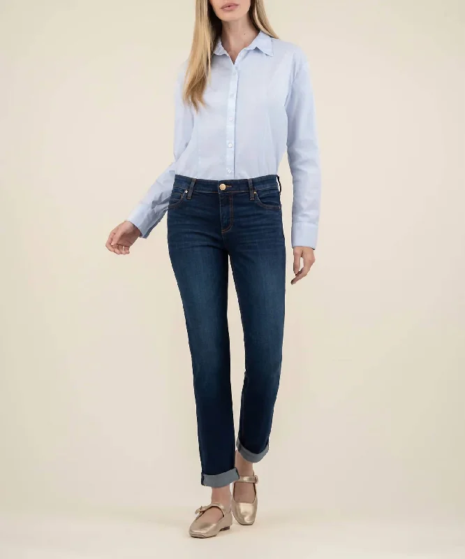 Catherine Mid Rise Boyfriend Jeans In Abelia With Dark Stone Base Wash Compression