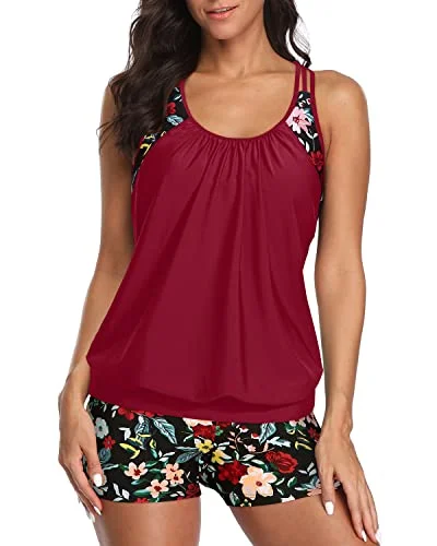 Ladies Sporty T-Back Tankini Swimwear Tummy Control Boy Shorts-Red Floral Compression