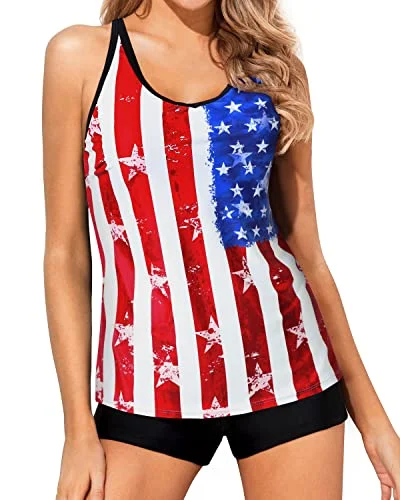 Athletic Tankini Swimwear For Women Adjustable Straps & Mid-Waist Shorts-American Flag Street