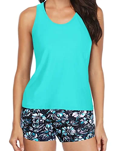 Fashionable Tankini Set Boy Shorts For Women-Blue Flower On Black Scandinavian