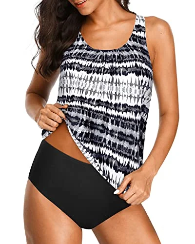 Flattering Blouson Tankini Tops Triangle Briefs Two Piece Set-Black And White Tribal Classic Women's Tweed