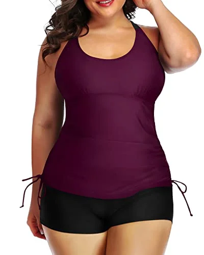 Athletic Plus Size Two Piece Ruched Swimsuit Tummy Control-Maroon Elegant Women's Formal 