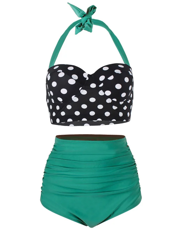 1950s Polka Dot Halter Pleated Bikini Business