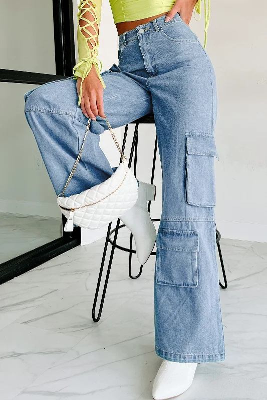 Smooth Talker Wide Leg Cargo Jeans (Blue Denim) Laid - back Women's Vibe