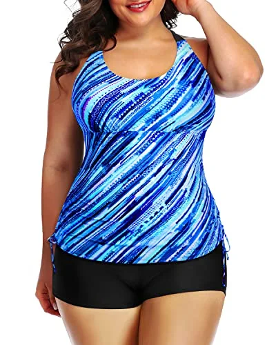 2 Piece Plus Size Swimsuit High Waisted Boyshorts For Women Of All Ages-Blue Stripes Modern Women's 