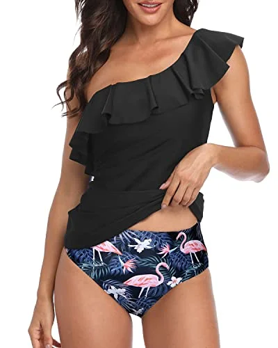 Flounce Trim Ruffle Tummy Control One Shoulder Tankini Swimsuits For Women-Black Flamingo Disco
