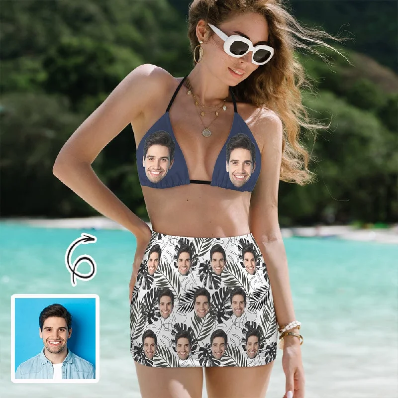 Custom Big Face Summer Leaves Bikini Set Personalized Halterneck String Three-Pieces Bikini Skirts Set Gym Custom Big Face Summer Leaves Bikini Set Personalized Halterneck String Three-Pieces Bikini Skirts Set Gym