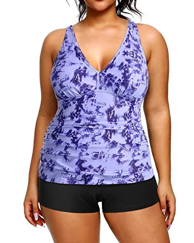 Ruched Plus Size Tankini Two Piece Swimsuits Shorts For Women-Blue Tie Dye Dynamic Women's Moto