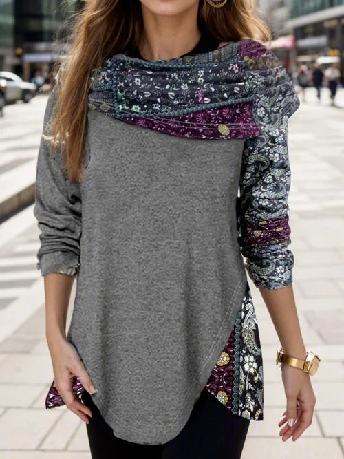 Plus Size Print Patchwork Long Sleeve Blouse Sophisticated Women's Tailored