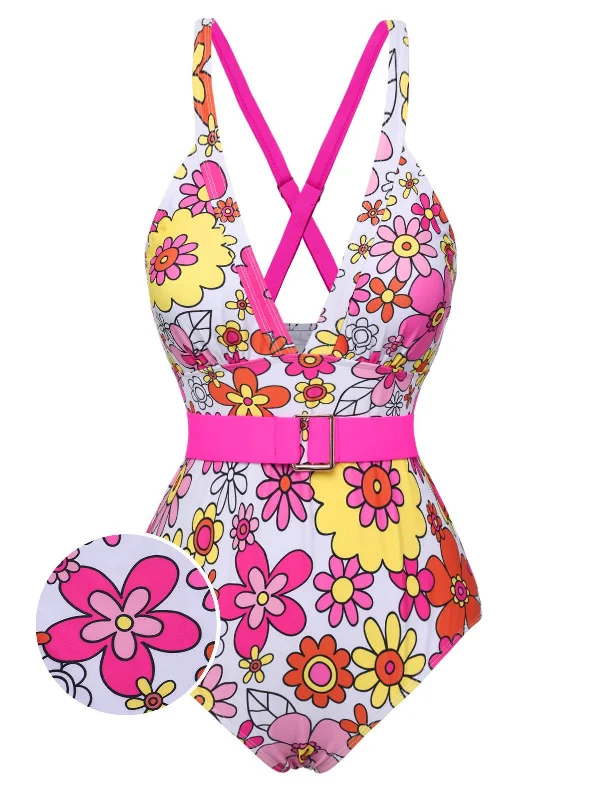 1960s Flowers Back-Cross Strap Belt Swimsuit Cashmere