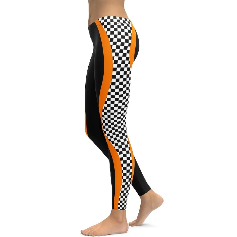 Black and Orange Checkered Leggings Elegant Women's 