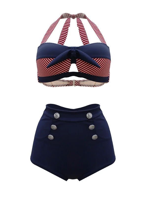 Stripe Patchwork Bow Halter Bikini Monochromatic Office Style