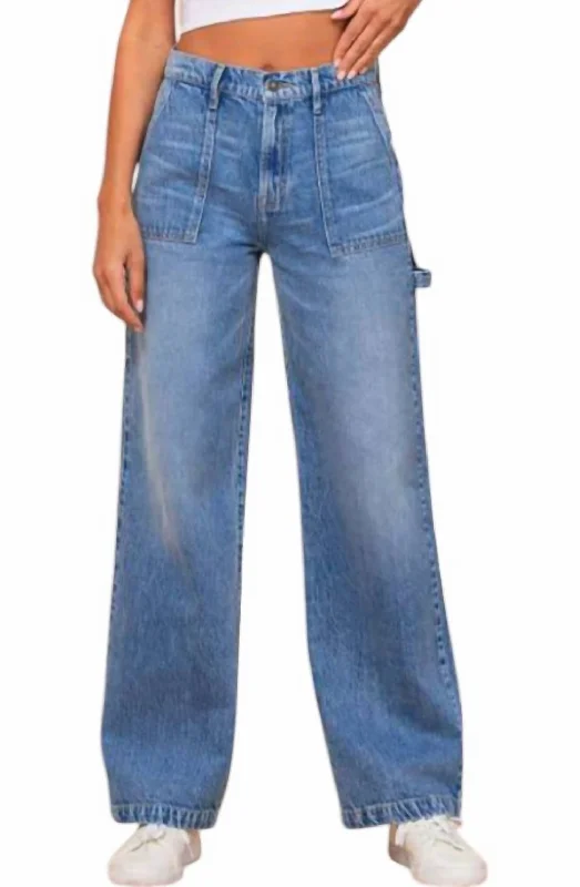 Carpenter High Rise Wide Leg Dad Jeans In Denim Blue Artistic Women's Hand - painted