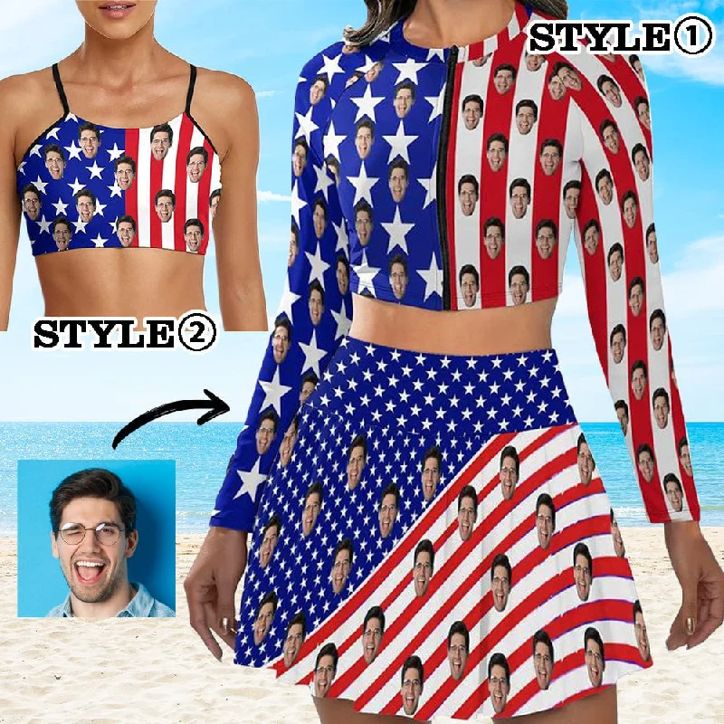 Custom Face American Flag Bikini Top&Bottom Women's Swim Skirt With Bottom Long Sleeve Zip Top Earthy Women's 