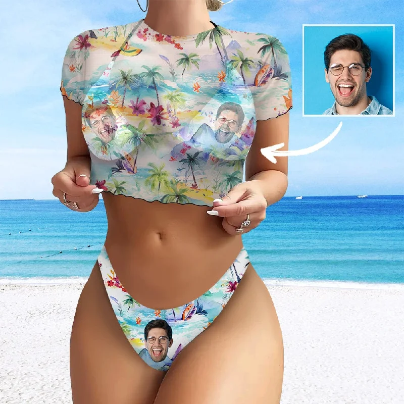 Custom Face Flowers Women's 3 Pieces Bikini Set with Mesh Cover up Halter Triangle Bikini Cover Up Set Modern Women's 