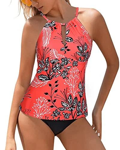 Women's High Neck Tankini Swimsuits Tummy Control Bathing Suits-Red Floral Luxurious Women's High -  end