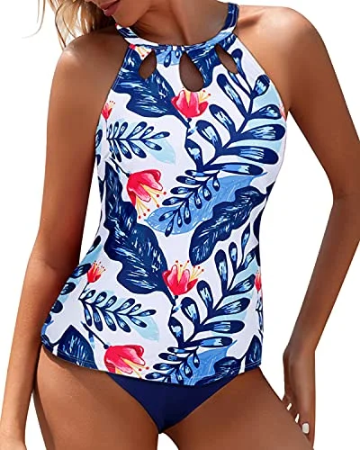 High Waisted Swim Bottom Tummy Control Backless Tankini-White And Blue Floral Sleek Women's 