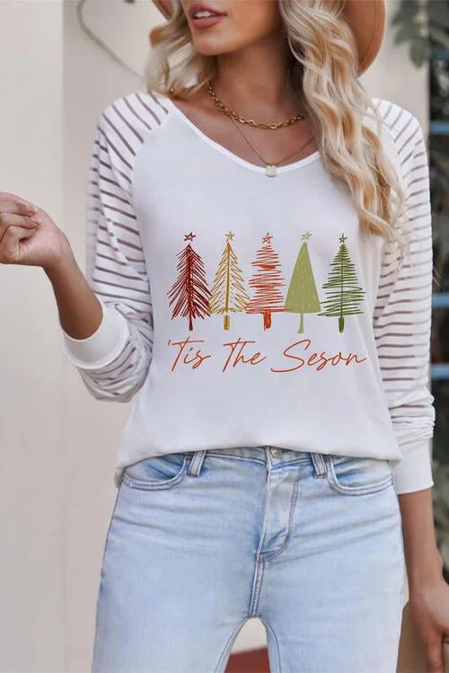 Graphic Striped Long Sleeve T-Shirt Artistic Women's Hand - painted