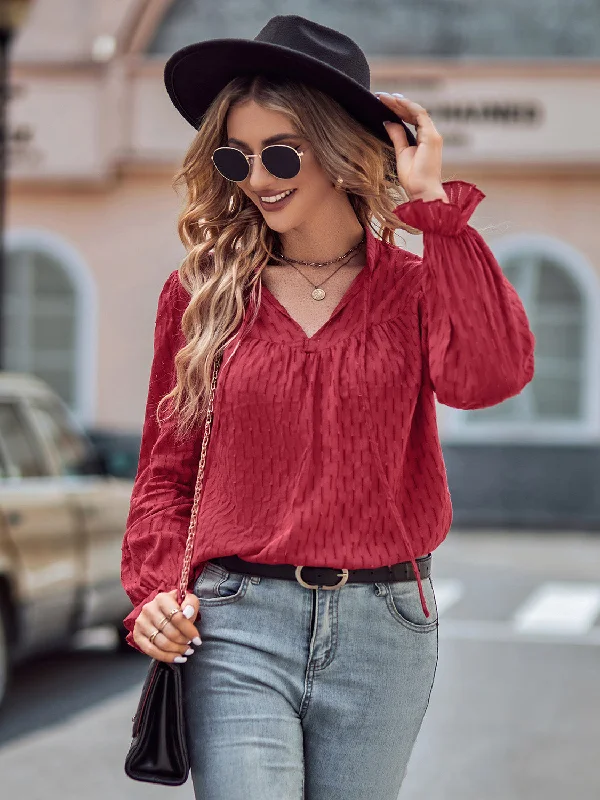 Tie Neck Flounce Sleeve Blouse Scandinavian