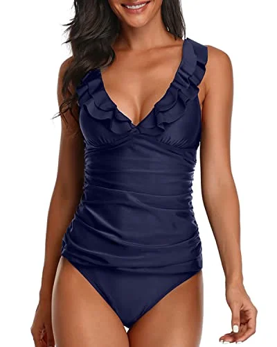 Tummy Control Ruffle Tankini Swimwear For Women-Navy Blue British Gentlewoman Style