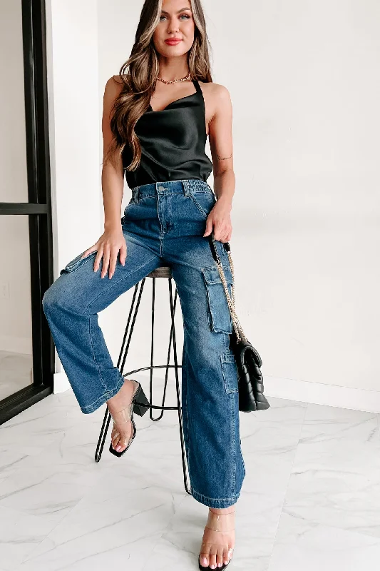 Get To The Point Wide Leg Cargo Jeans (Medium Denim) European
