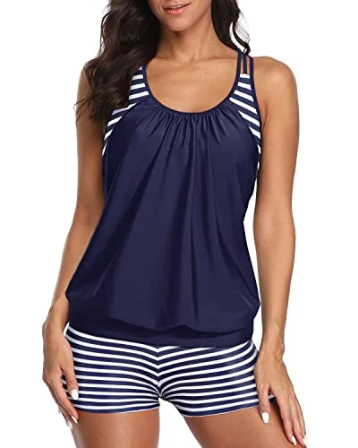 Layered Design Tankini Tops Boy Shorts For Ladies-Blue And White Stripes Traditional Women's Wool
