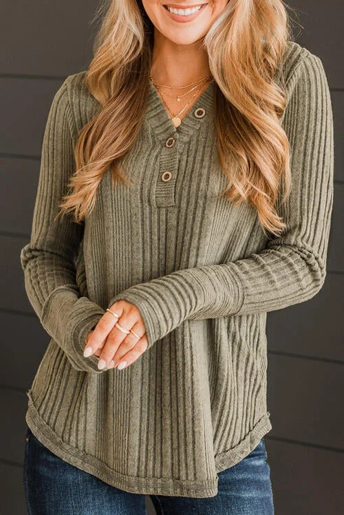 Ribbed Buttoned Long Sleeve Blouse European