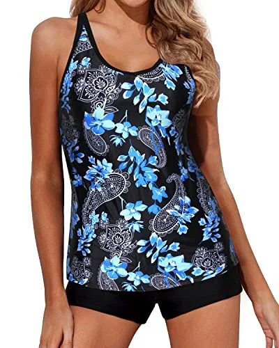 2 Piece Tankini Swimsuits Boy Shorts Athletic Swim Tank Top Bathing Suits-Black Floral Earthy Women's Hemp - based