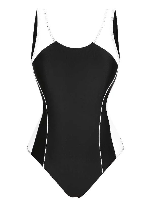 Black 1940s Contrast One-Piece Swimsuit Classic Women's Pin - striped