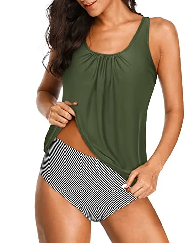 Women's Tummy Control Athletic Swimwear Blouson Tankini Swimsuits-Navy Blue Contemporary 